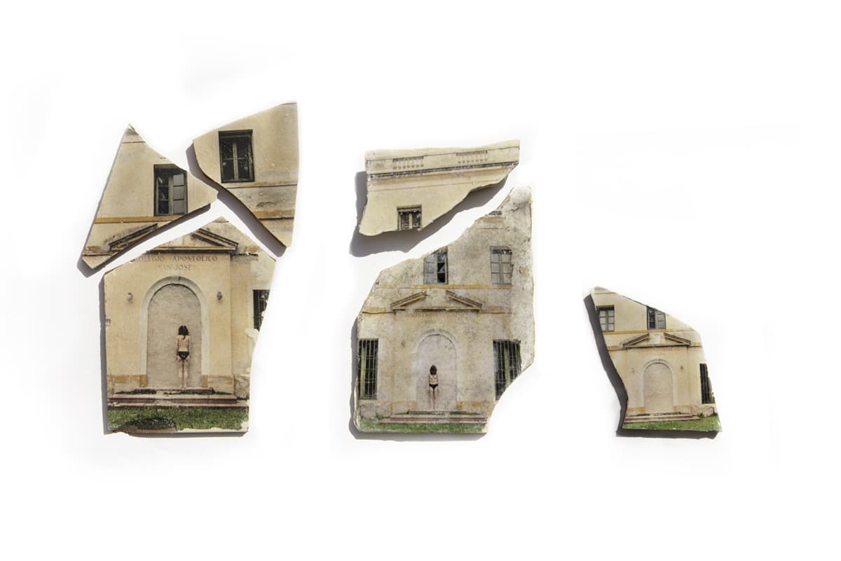 El Rastro / Serie Algo aún resiste 2021 / Transferencia de fotograf í a a azulejos q uebrados ( Reciclados de la calle) 18 x 11 cm - 17 x 10,5 cm - 7,5 x 5, 5 cm (respectivamente)